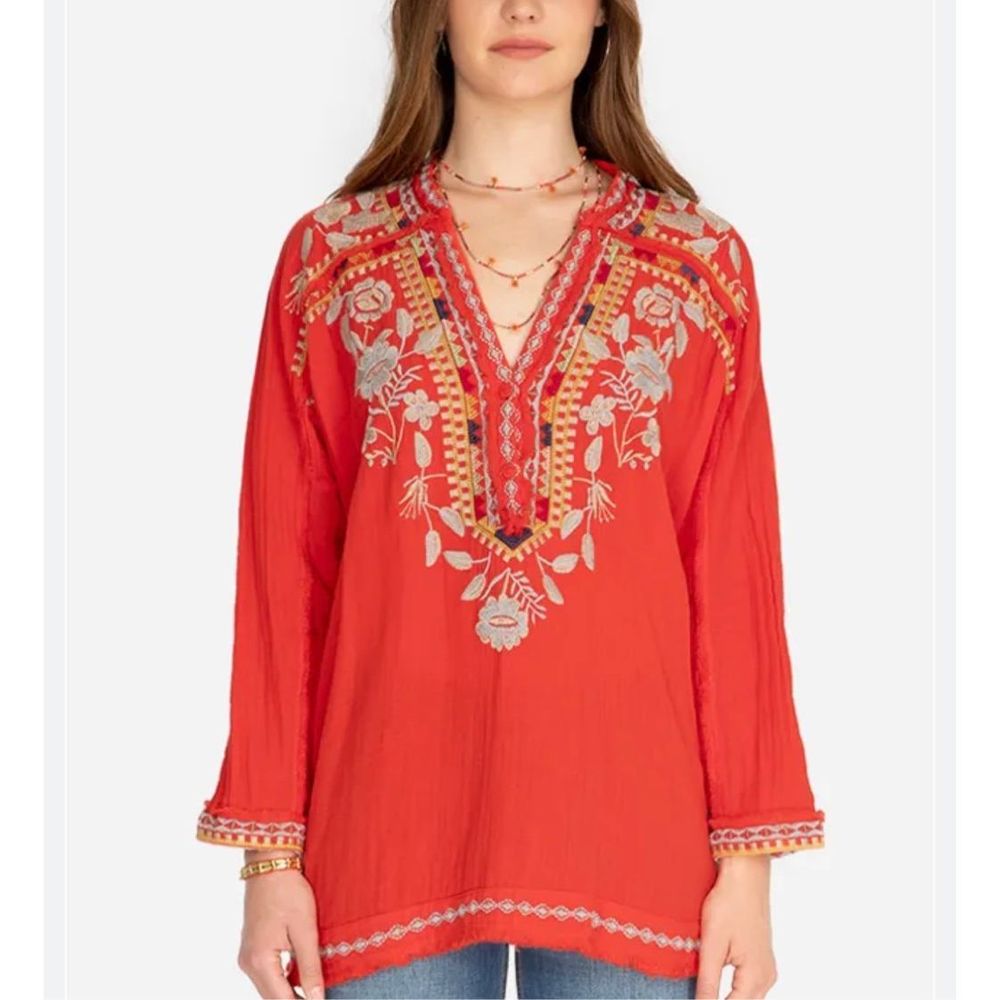 JOHNNY WAS Clayton Gauze Blouse Size Medium Floral Embroidered Red Tunic